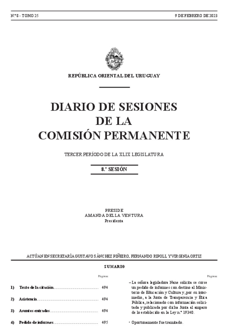 DIARIO DE SESIONES DE LA COMISION PERMANENTE del 09/02/2023